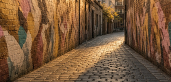 Illustrative image: a cobblestone Melbourne laneway with painted brick walls in morning light