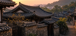 Illustrative image: a hillside Seoul street of traditional tiled-roof houses at dusk