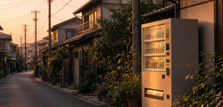 Illustrative image: a quiet Tokyo residential alley with a vending machine in morning light