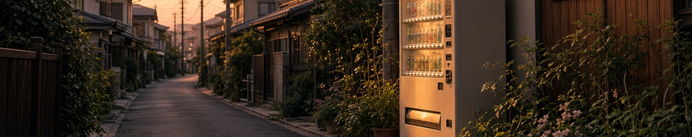 Illustrative image: a quiet Tokyo residential alley with a vending machine in morning light